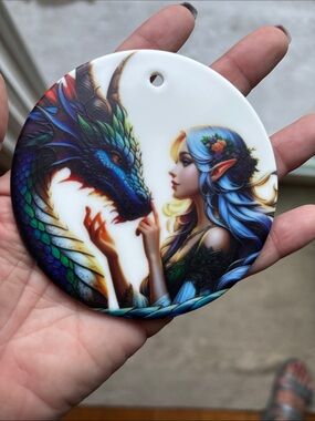 Fantasy Dragon & Elf Ceramic Ornament in Blue and Green